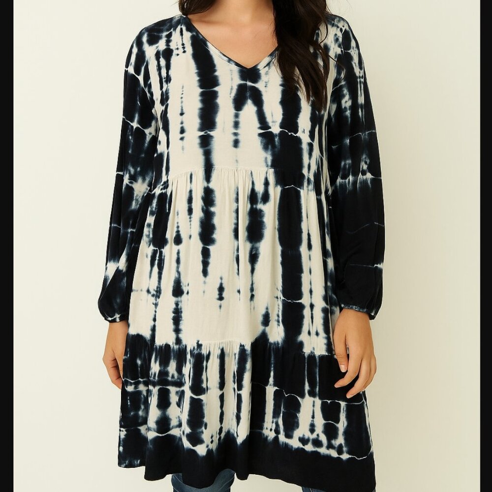 Elegant Navy Tie-Dye V-Neck Mini Dress Tunic